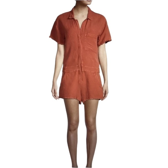 Young Fabulous & Broke Felix Paprika Raw Edge Short Sleeve Linen Romper Size M - Picture 1 of 10